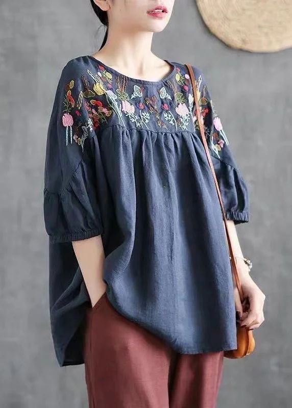 Loose Navy O-Neck Embroideried Cotton T Shirt Half Sleeve Country