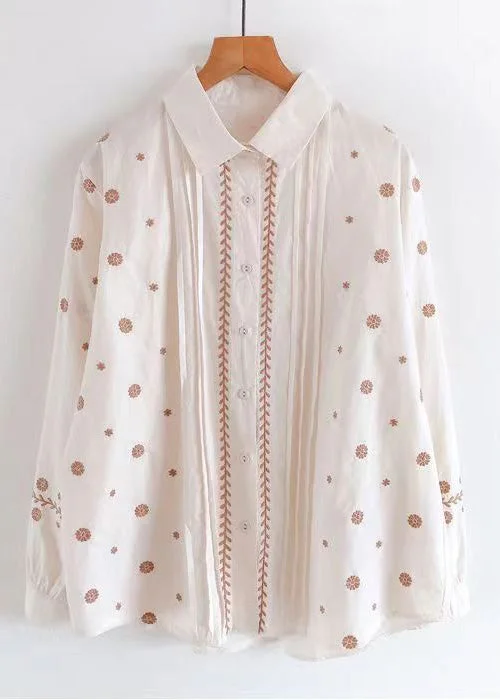New Apricot Peter Pan Collar Embroideried Cotton Shirt Long Sleeve Youthful Women's Anime - inspired