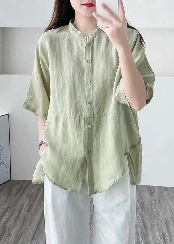Simple Green Asymmetrical Button Cotton Shirt Summer Geometric