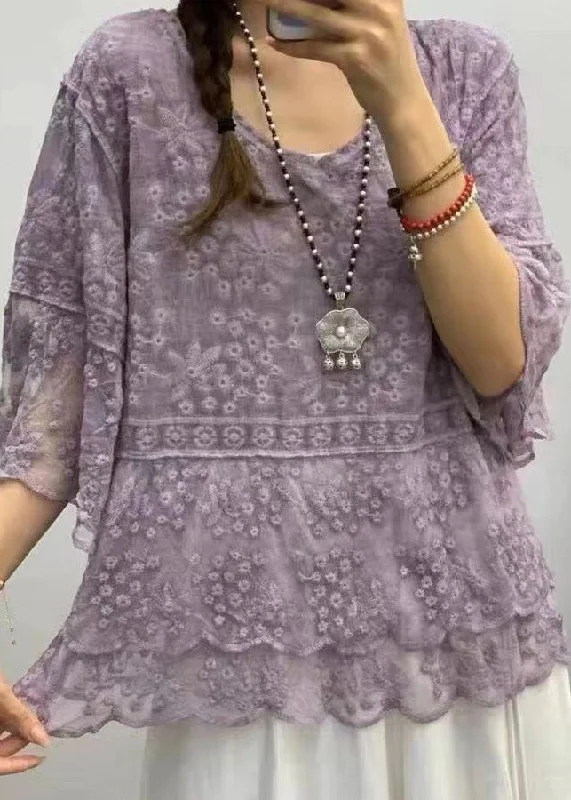Boho Purple O Neck Embroideried Lace Blouses Bracelet Sleeve Unique Women's Upcycled