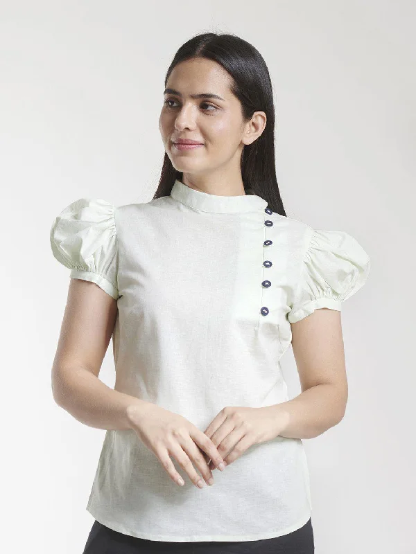 High Neck Cotton Linen Top - Sea Green Traditional Women's 