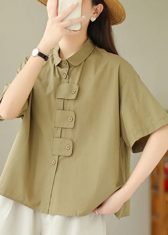French Khaki Peter Pan Collar Button Cotton Blouses Summer Artistic Women's Hand - painted French Khaki Peter Pan Collar Button Cotton Blouses Summer Artistic Women's Hand - painted