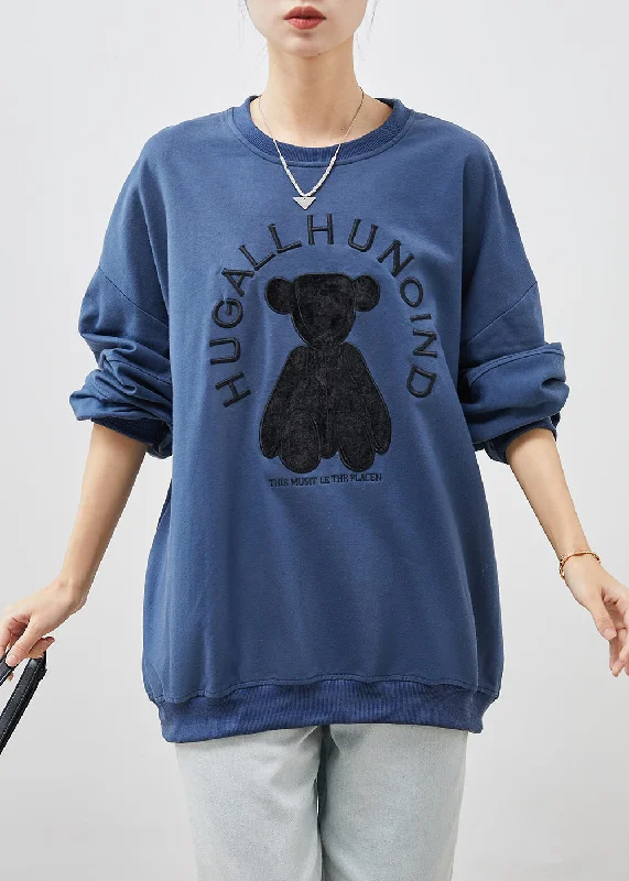 Women Blue Embroideried Oversized Cotton Pullover Streetwear Spring Street