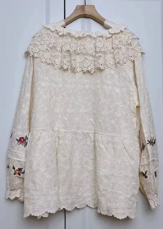 Women Beige Embroideried Lace Patchwork Cotton Shirt Spring Trendy Women's Oversized