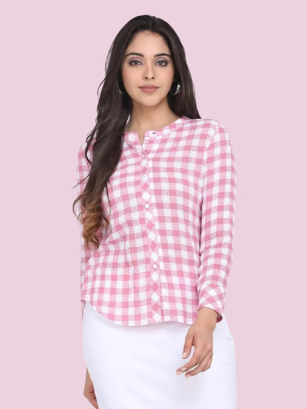 Cotton Checkered Mandarin Collar Top - Pink Stylish Women's Tropical 