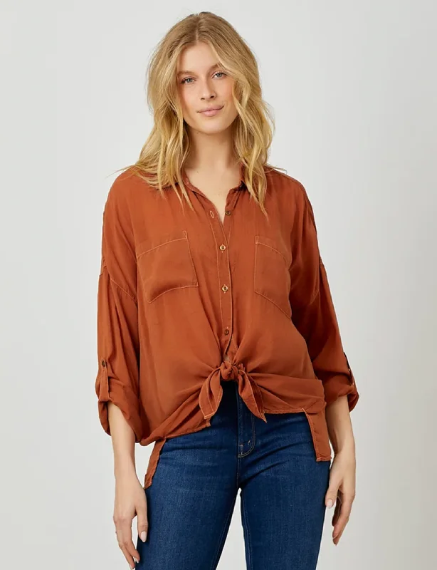 Cargo Button Down Tie Top, Cognac Laid - back Women's Style