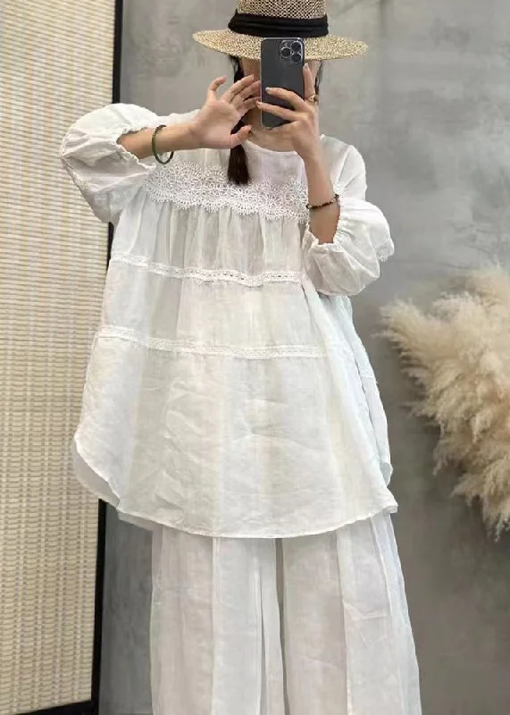 Loose White O Neck Lace Patchwork Linen Tops Lantern Sleeve Stylish Women's Tropical 