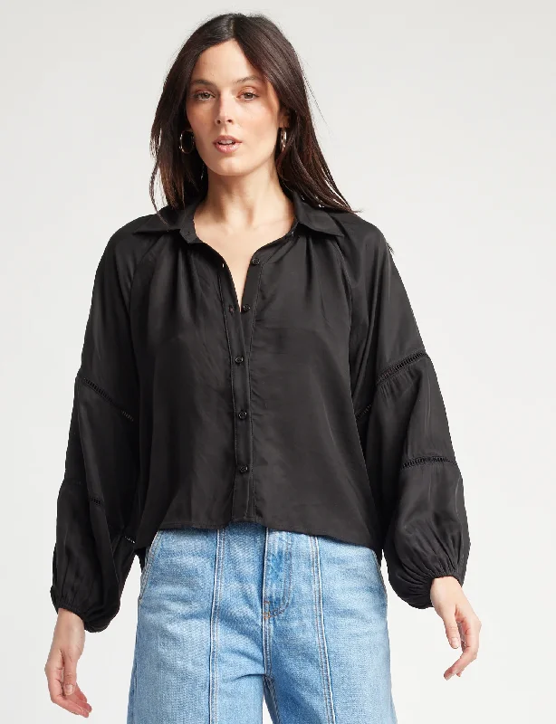 Hadley Ladder Sleeve Blouse, Black Cupro Confident Women's Power