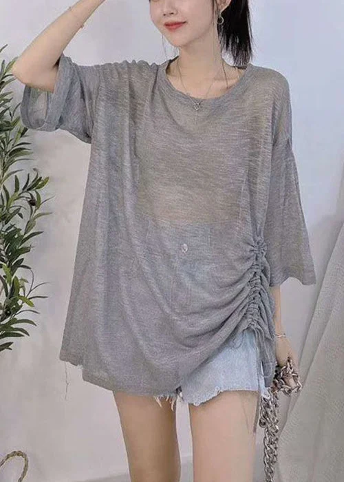 Plus Size Light Grey O Neck Lace Up Ice Silk Knit T Shirt Summer Stylish Women's Neon
