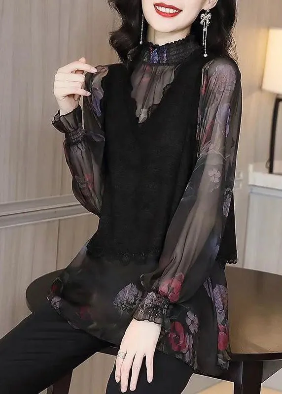 French Black Print Lace Patchwork False Two Pieces Top Long Sleeve Athletic Women's High - 