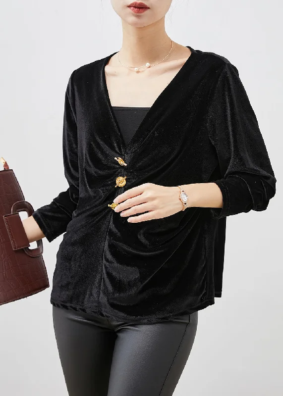 Elegant Black V Neck Wrinkled Silk Velour Blouse Tops Spring Traditional Women's 