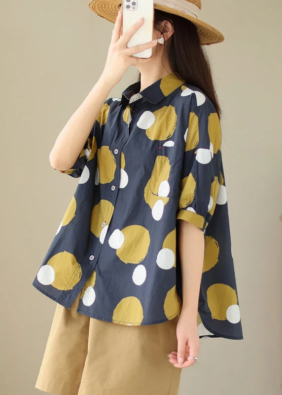 Plus Size Navy Peter Pan Collar Print Cotton Shirt Tops Summer Dapper Women's Bow - adorned