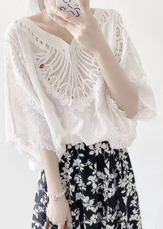 French White V Neck Hollow Out Embroideried Cotton Blouses Bracelet Sleeve European