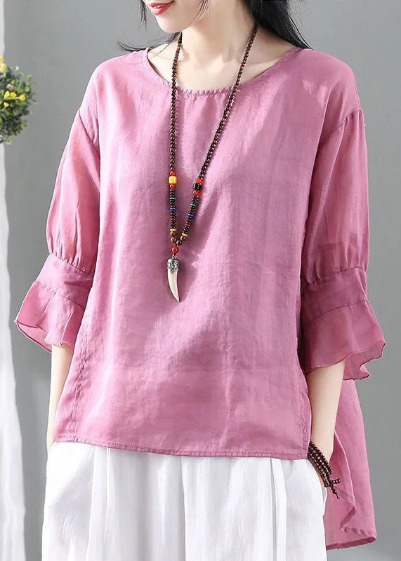 Women Pink O Neck Low High Design Cotton Tops Summer Modern Women's Tech