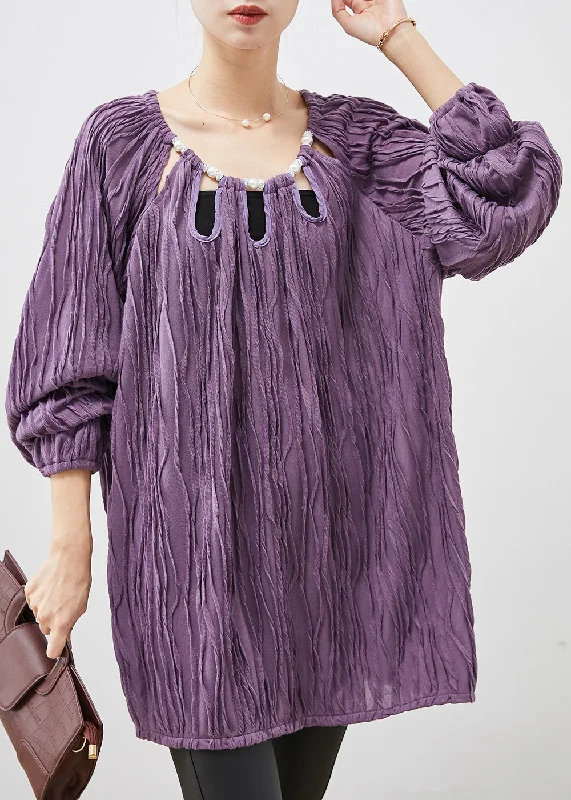 Simple Purple Nail Bead Hollow Out Cotton Shirt Spring purpose