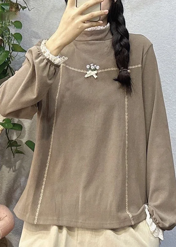 Simple Coffee Embroidered Lace Patchwork Cotton Top Long Sleeve Women