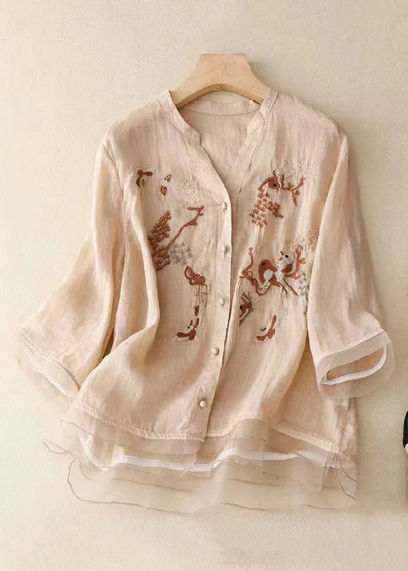 Apricot Tulle Patchwork Cotton Shirts V Neck Half Sleeve Geometric