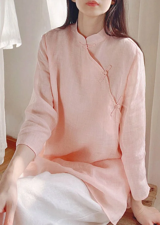 Chinese Style Pink Stand Collar Side Open Cotton Top Spring Refined Women's Hand - crafted