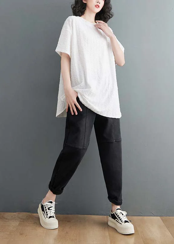 White Wrinkled Cotton T Shirt O Neck Side Open Summer Sustainable Organic