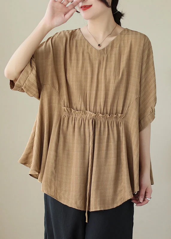 New Khaki Plaid V Neck Cotton T Shirts Batwing Sleeve Dapper Women's Bow - adorned