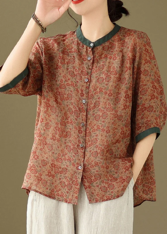 Loose Red Print Button Cotton Blouse Bracelet Sleeve Edgy Women's Punk