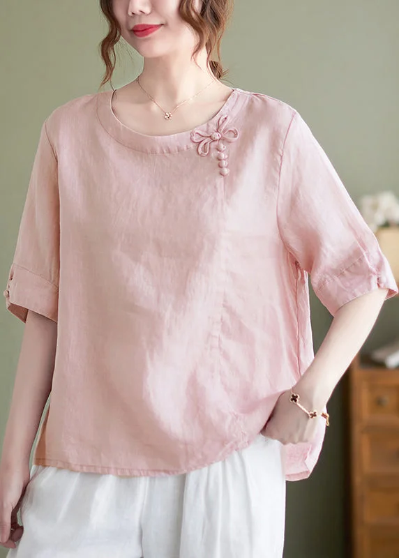 Vintage Pink O Neck Patchwork Cotton T Shirt Summer Minimalist Women's Casual