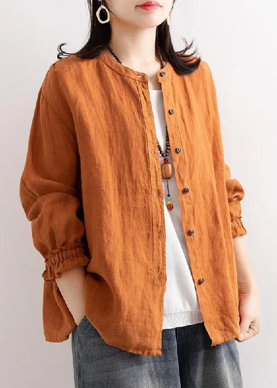 Loose Orange O Neck Ruffled Button Linen Blouses Long Sleeve Refined Women's Velvet