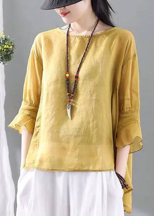 Yellow Ruffled Cotton T Shirt O Neck Half Sleeve Vintage Women's 1970S 