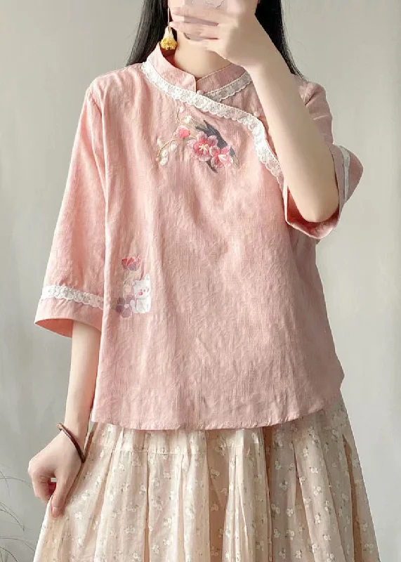 Chinese Style Pink Stand Collar Embroideried Cotton Shirt Half Sleeve Sleek Women's 