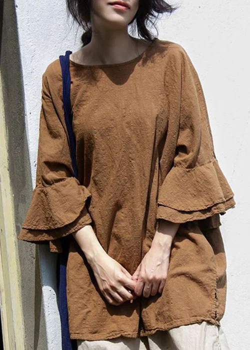 Plus Size Coffee O Neck Solid Linen Top Butterfly Sleeve Youthful Women's Pop