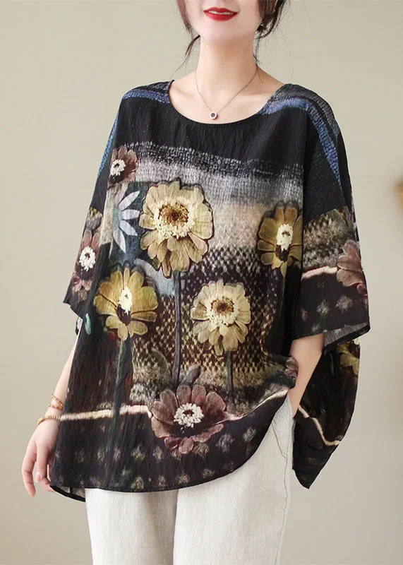 Plus Size Colorblock O Neck Print Cotton T Shirt Half Sleeve Refined Women's Classic 