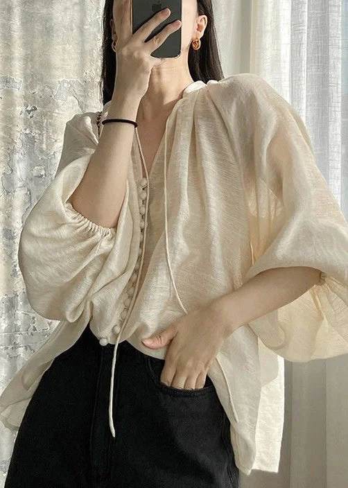 Loose Lace Up Button Patchwork Cotton Shirt Lantern Sleeve French