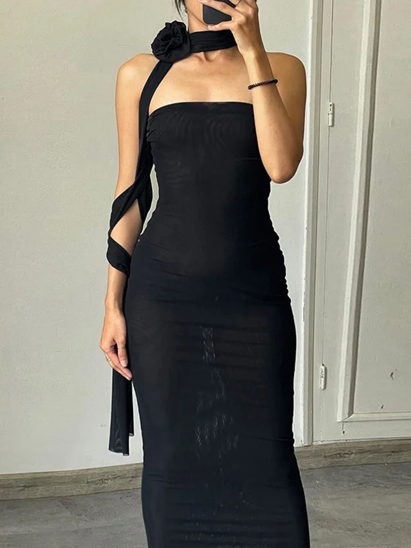 Flower Choker Detail Strapless Mesh Maxi Dress Contemporary 