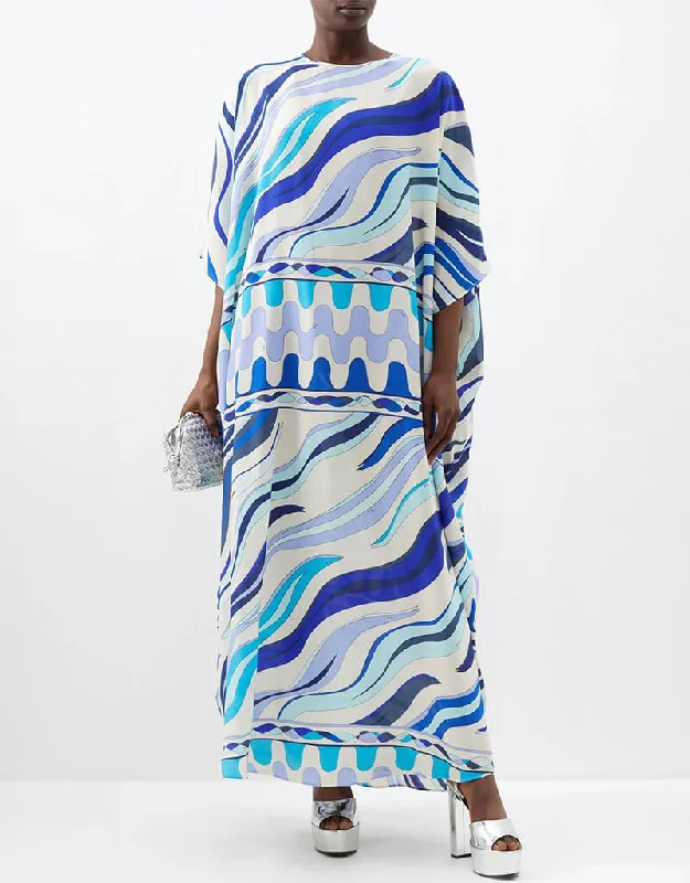 Sky Blue Latest Printed Maxi Dress Casual Women's Loose - fitting