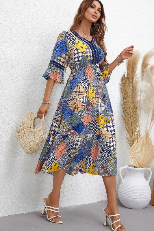 Patchwork V-Neck Tiered Midi Dress Stylish Women's Neon