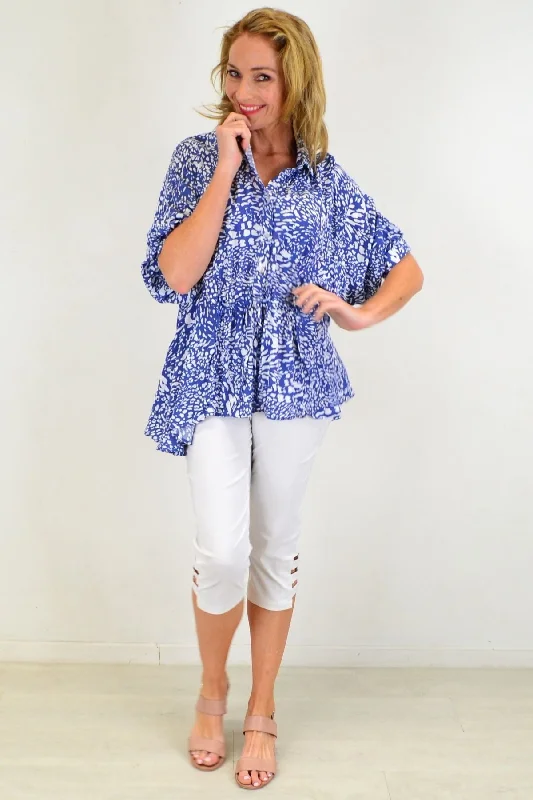 Blue Giraffe Print Relaxed Fit Tunic Blouse Rugged Women's Outdoor 