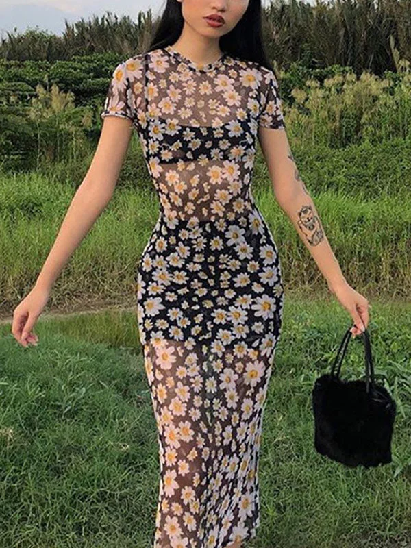 Daisy Print Mesh Maxi Dress Cozy Women's Winter
