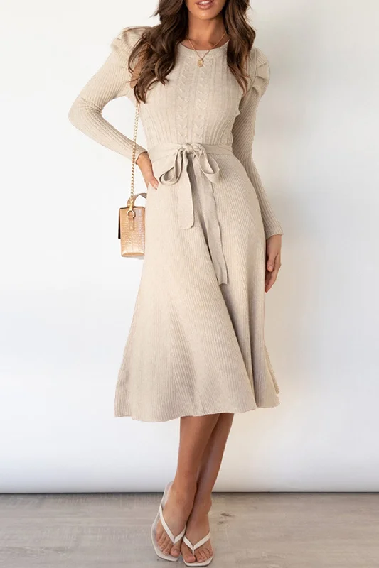 Puff Sleeve Tie-waist Knit Dress Vacation