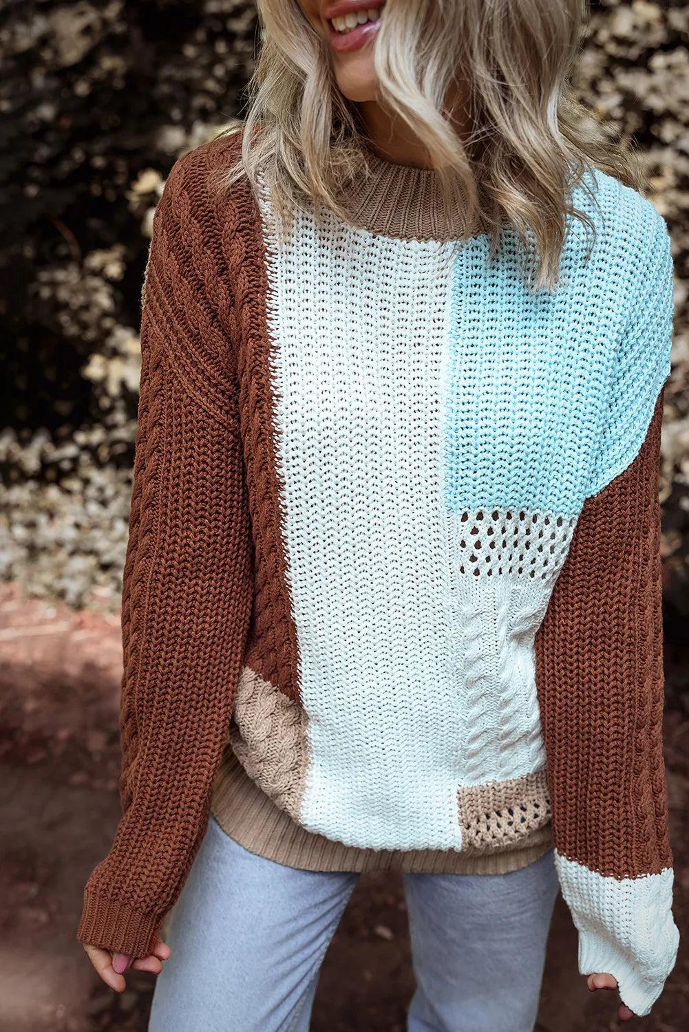 Color Block Round Neck Long Sleeve Sweater Cozy Women's Sherpa - lined