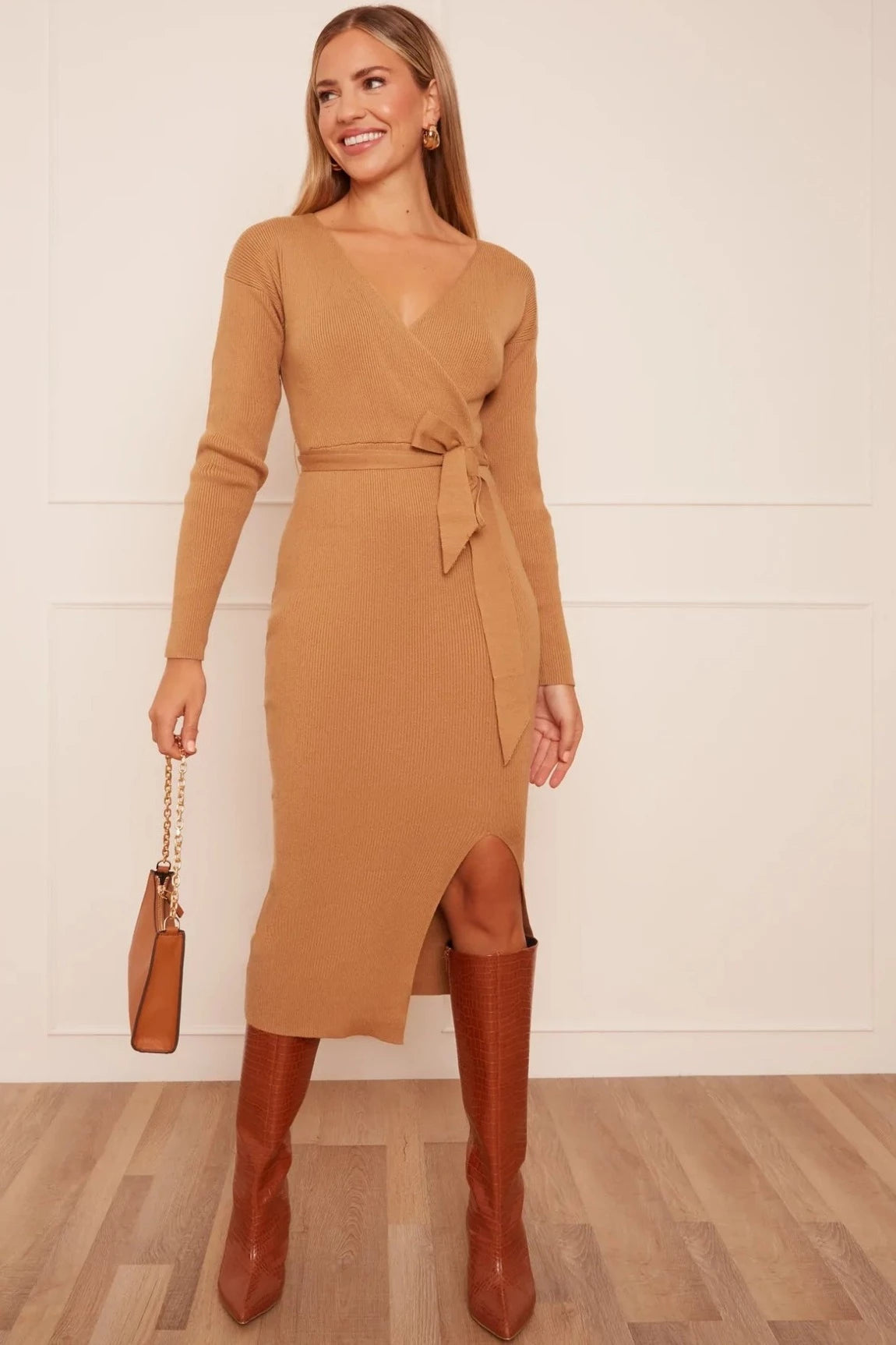 Chi Chi Wrap Split Side Knitted Midi Dress in Camel Sporty Women's Tennis