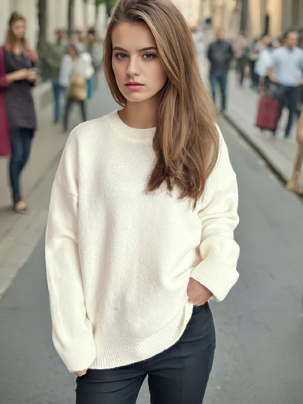 Round Neck Dropped Shoulder Long Sleeve Sweater British Gentlewoman Style