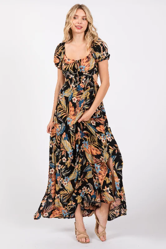 Black Floral Drawstring Front Side Cutout Maxi Dress Monochromatic Office Style