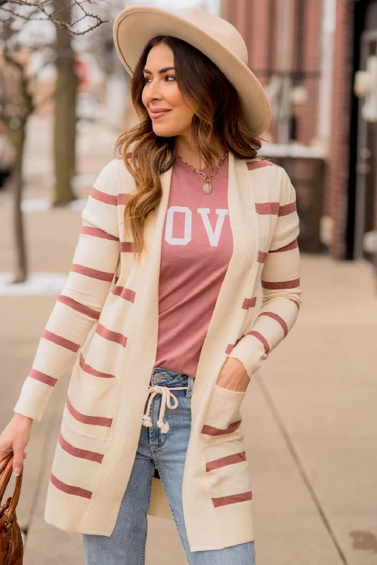 Striped Butter Soft Tunic Cardigan -Cream Relaxed Women's 