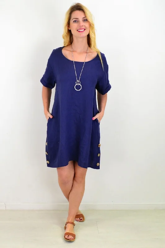 Blue Natural Linen Tunic Shift Dress Relaxed Women's Beachy