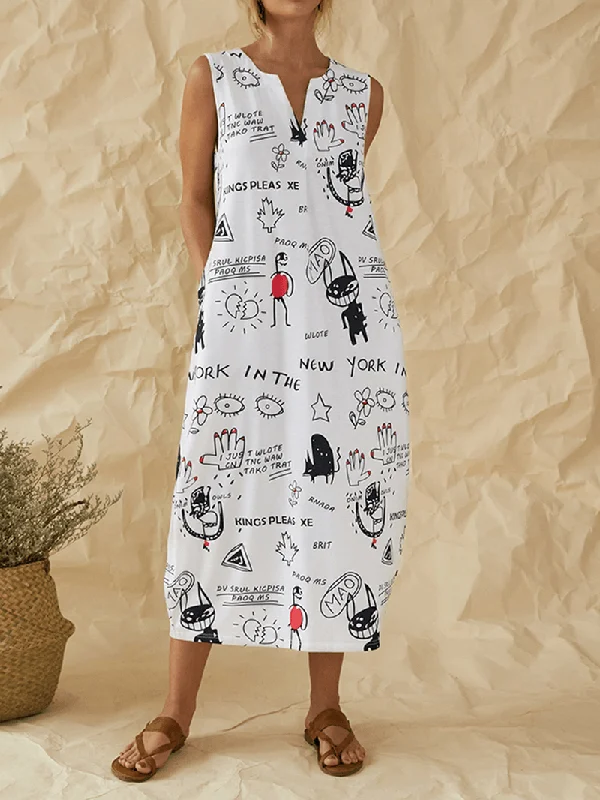 Cartoon Fun Graffiti Print Sleeveless V-Neck Casual Dress with Pocket Stylish Women's Tropical 