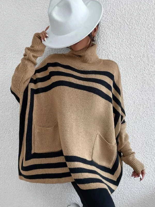 Striped Turtleneck Batwing Sleeve Sweater with Pockets Elegant Women's Formal 