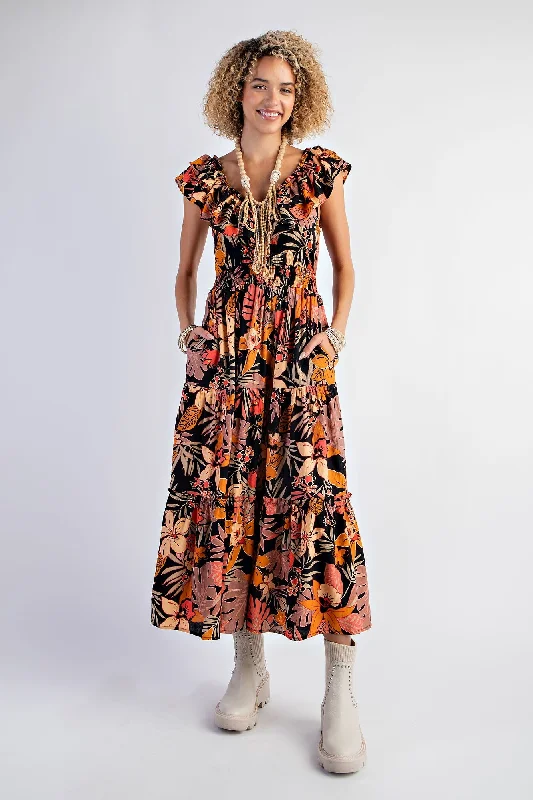 Black Ruffle V-Neck Tiered Maxi Dress Cozy Women's Winter