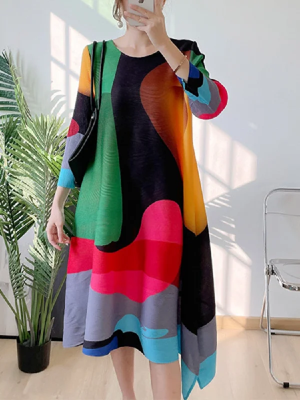 Miyake Pleated Contrast Print Midi Dress Casual Women's Loose - fitting