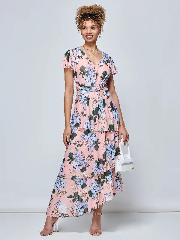 Danica Tiered Hem Mesh Maxi Dress, Pink Multi Dapper Women's 1920S