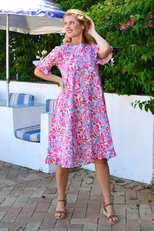 Pink Blue Leaves Print Summer Dress Refined Women's Classic 